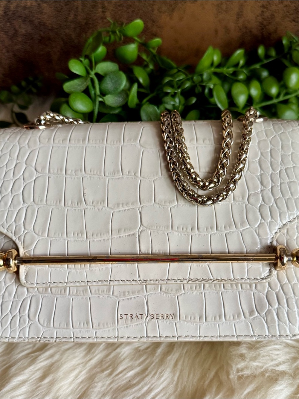 Authentic STRATHBERRY East West Croco Embossed Leather Vanilla w/Gold Hardware